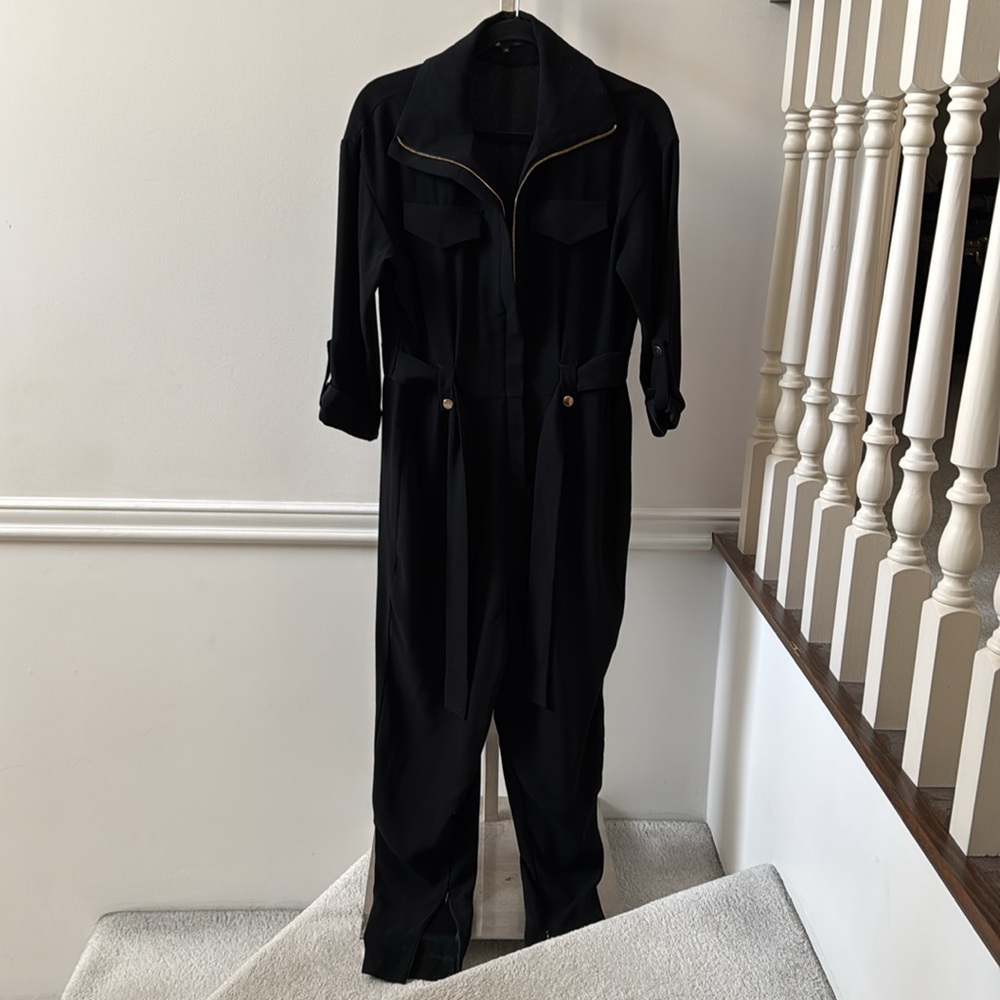 Maje black crepe jumpsuit gold hardware sz 40
